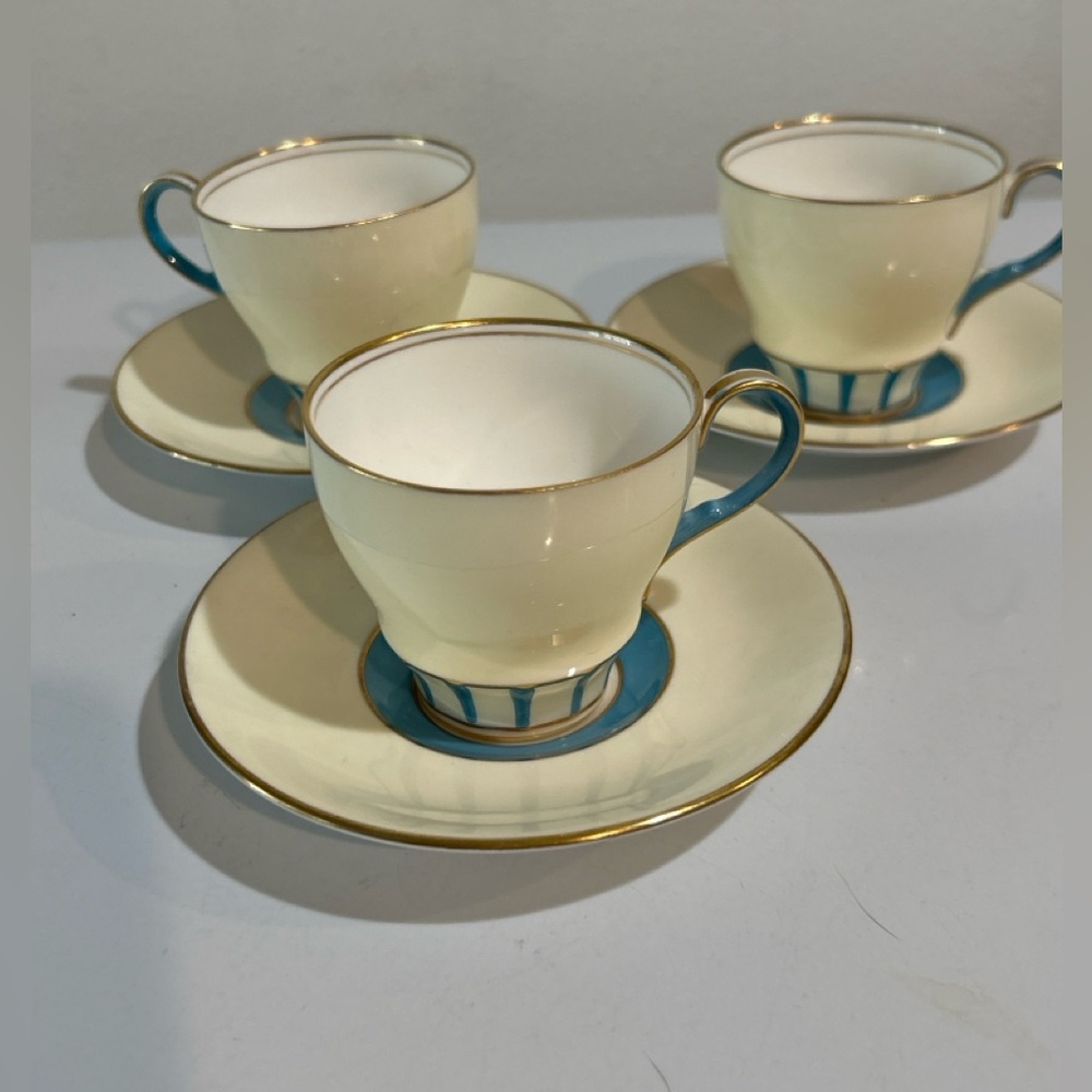 Aynsley Bone China England Teacup & Saucer Set of 3 Blue Gold B4841 Vintage
